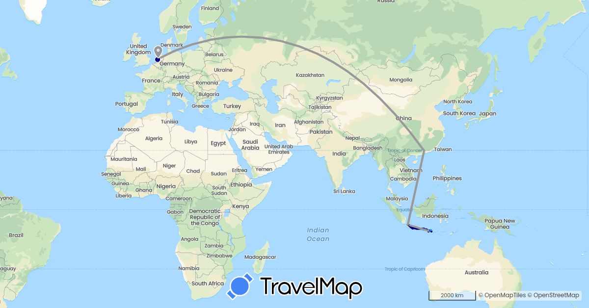 TravelMap itinerary: driving, plane, hiking, boat, motorbike in China, Indonesia, Netherlands (Asia, Europe)